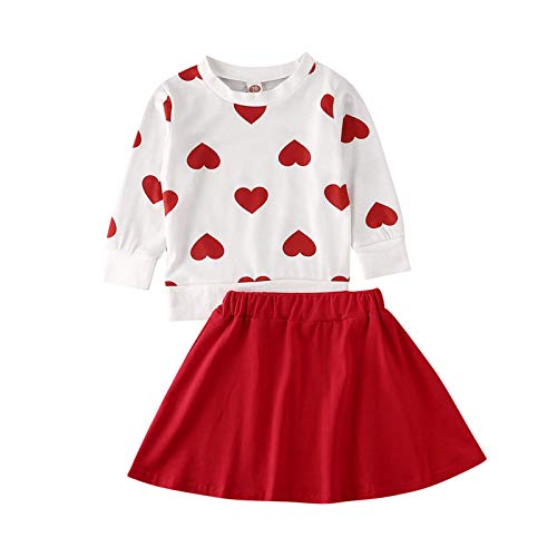 Valentine's Day Toddler Girl Outfit Heart Long Sleeve Top Skirt 2Pcs Kids Toddler Girl Valentine's Day Clothes Set (Red Heart, 3-4T) #TOP13