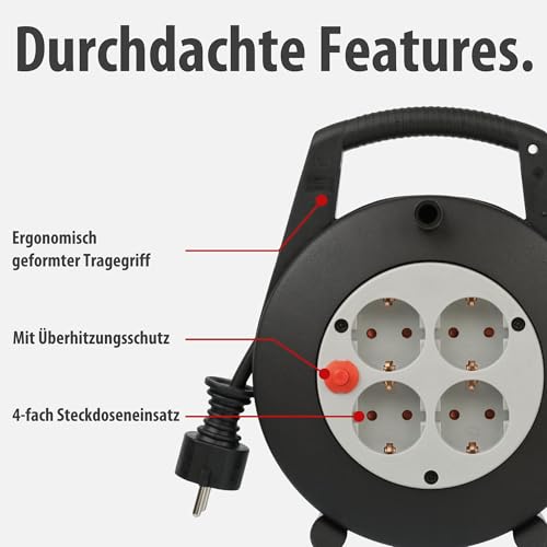 Brennenstuhl Vario Line Kabelbox 4-fach/Mini-Kabeltrommel (5m Kabel, Made in Germany) schwarz/grau