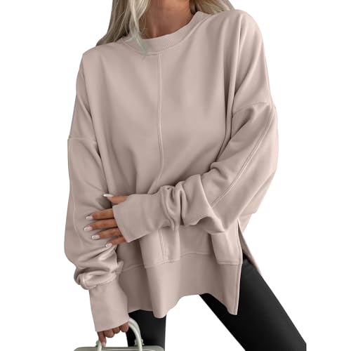 Women Oversized Sweatshirts Thumbhole Long Sleeve Crewneck Sweatshirt Fashion Side Slit Loose Casual Pullover Tops Khaki