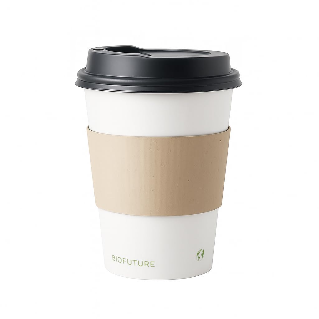 BIOFUTURE 1000 x 8oz Takeaway Disposable Coffee Cups with Black Lids and Sleeves – EN 13432 Certified, Biodegradable and Compostable Paper Cups for Coffee, Tea, and Hot Drinks (White)