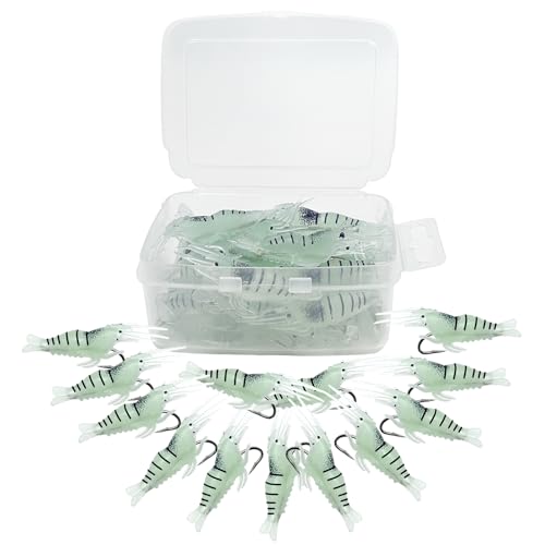 Keenjorika Glow in The Dark Soft Shrimp Lure with Pre Rigged Hook 1.8 in Realistic Night Fishing Bait for Bass Trout Crappie Redfish Freshwater and Saltwater Use/1