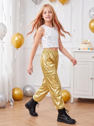 Image of Rolanko Girls Shiny Metallic Cargo Pants, Sparkle Jogger Pants for Girls Hip Hop Dance Streetwear Cargo Trousers 6-15 Years