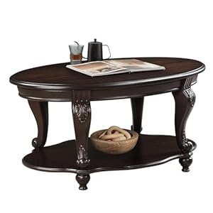 Oval Wood Coffee Table for Living Room, 2-Tier Solid Wood Coffee Table with Open Storage Shelf, Traditional Retro Center Table for Office (42″ W x 26″ D x 20.5″ H, Espresso)