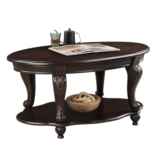 Oval Wood Coffee Table for Living Room, 2-Tier Solid Wood Coffee Table with Open Storage Shelf, Traditional Retro Center Table for Office (42″ W x 26″ D x 20.5″ H, Espresso)