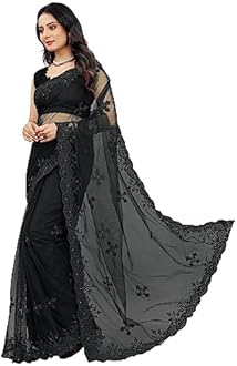 BARKIYA CREATION Women's Embroidered Work Net Fabric Saree With Unstitched Blouse Piece (Black)