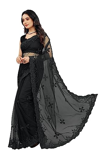 BARKIYA CREATION Women's Embroidered Work Net Fabric Saree With Unstitched Blouse Piece (Black)