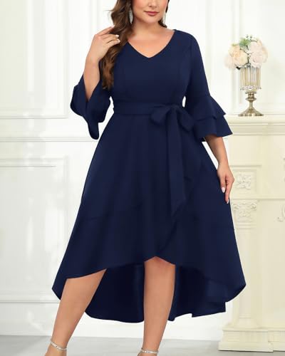 Image of Plus Size Wedding Guest Dress - Double Bell Sleeve High Low Split Dresses