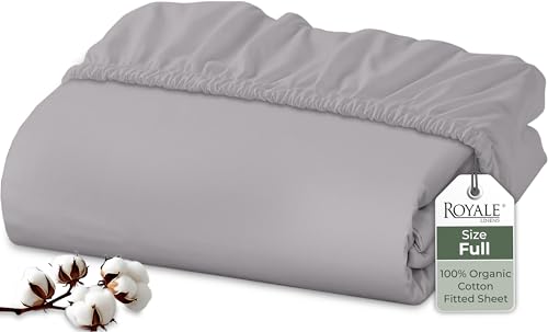 Image of Royale Linens 100% Organic Cotton Fitted Sheet - Percale Weave - Super Soft Deep Pocket Bottom Sheets - Elastic Sheet Full Size - Full Fitted Sheets Only - (54 inchx75 inch+15 inch, Silver)
