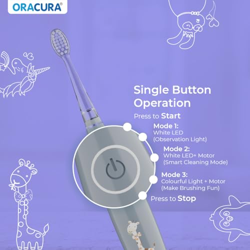 Image of ORACURA KSB200 Kids Sonic Electric Rechargeable Toothbrush, 3-10 Years, 24,000 strokes /min, With 3 Modes, IPX7 Waterproof, Smart 2-Min Timer, Rechargeable Lithium Battery, LED & Colorful Lights (Grey)