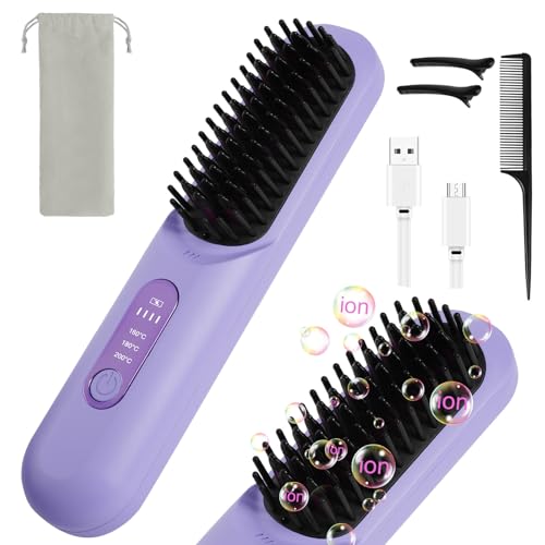 LOPHE Mini Cepillo Alisador de Cabello, 3 Niveles Temperatura, Inalámbrico, Pantalla Digital, Recargable, Violeta