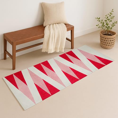 Image of SAGON 2x5 Ft Printed Runner Carpet - Cotton Bedside Rug for Bedroom & Living Room (Red Trangle-2)