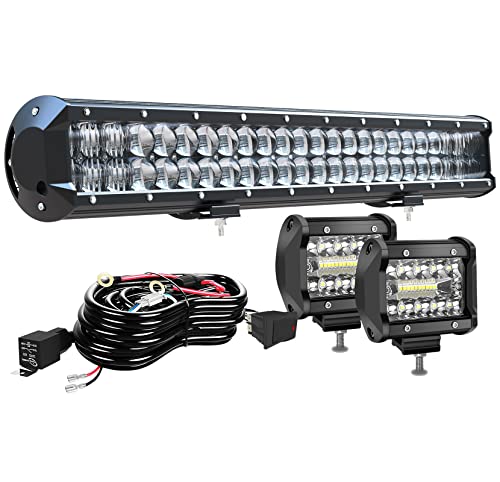 LED Light Bar TURBO SII 20 Inch 126W 5D Spot Flood Combo Beam Offroad Driving Lamp + 4 Inch 60W Cube Led Pods Lights Fog Lights with Wiring Harness for Trucks ATV UTV SUV Boats etc