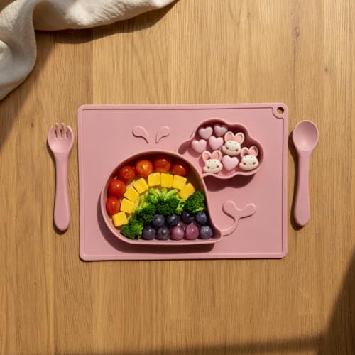 Image of Silicone Baby Meal Plate Set with Spoon & Fork | Whale Shaped | Strawberry Pink Colour | 2 Section Divided Plate for Toddlers | Food Grade Kids Feeding Set | Microwave Dishwasher Safe