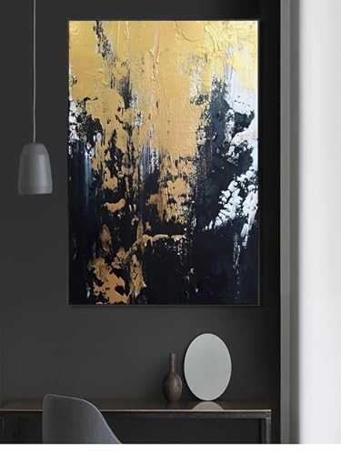 Toile peinture à l'huile abstraite design doré avec cadre noir salon 90x140cm
