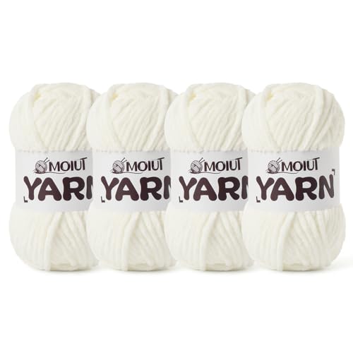 Image of 4 Packs Fluffy Chenille Yarn for Crocheting, Chunky Velvet Yarns for Crochet Amigurumi, Baby Yarn for Crocheting Soft Blanket, 349.9yds /14.1 oz Bulky Yarns for Crafts /Hats /Shoes /Socks (4 White)