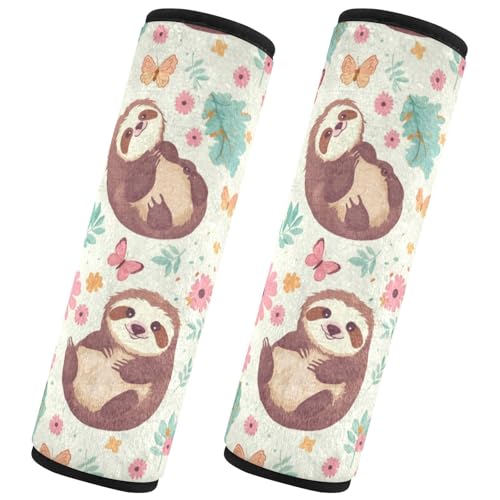Seat Belt Covers 2 Pack Cute Sloth Car Seat Strap Covers Super Soft Butterflies Flowers Car Seat Neck Cover for Boys Girls Adults Babies S