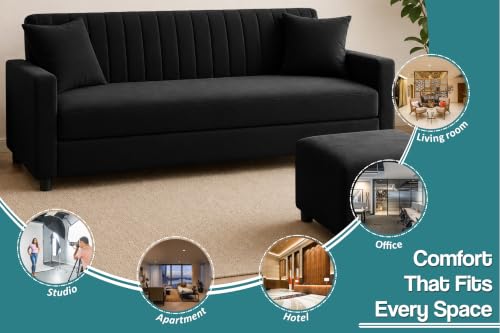 Image of 3 Seater Wooden Sofa Set with Ottoman for Living Room | Premium Velvet Fabric Wooden Frame | Modern Design | Comfortable Cushioned Sofafor Home, Office & Lounge | Black