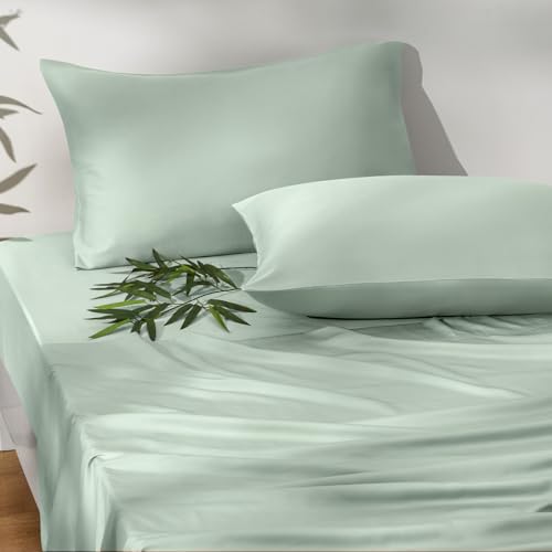 PHF 4PCS 100% Rayon Derived from Bamboo_ Sheets Set Twin Size Cooling Sheets for Hot Sleepers Wider Elastic Band & 16 Deep Pocket Luxury Silky Soft Breathable Bedding Set & Pillowcase Sage Green