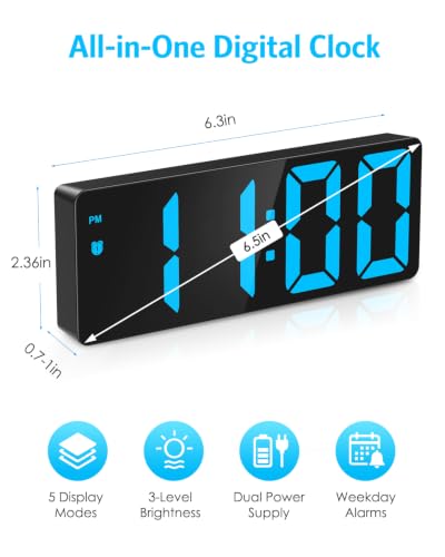 Image of AMIR Digital Alarm Clock, 6.3 inch Large LED Display Bedside Clock | Auto Night Dimming, 12 /24H, Adjustable Snooze, Dual Power Supply, Bedroom Office