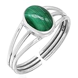Anillo ajustable de malaquita verde Jeweloporium, plata de ley 925 para mujer, auténtica piedra preciosa ovalada, joyería artesanal.