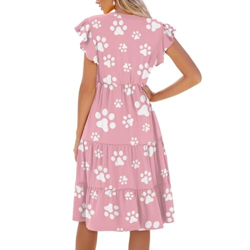 Image of Women's Casual Ruffle Sleeve Dress V Neck Pullover Dress Flowy A-Line Pleated Lightweight Dress with Pockets