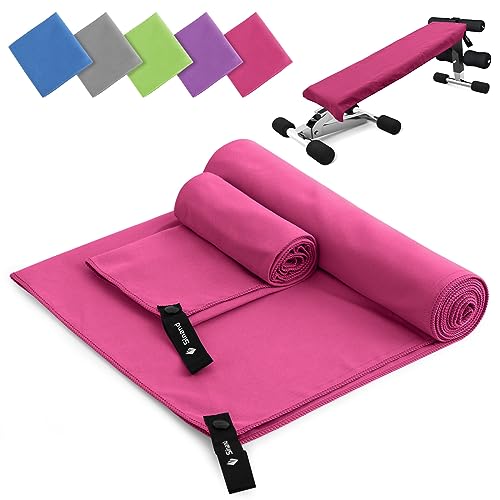 Mikrofaser Handtuch 2er Set | 180x60cm Groß Badetuch + 80x40cm Klein Hand Gesichtshandtuch | Schnelltrocknend Mikrofaser Handtücher, Sporthandtuch Fitnessstudio für Fitness Strand Gym(Rosa)