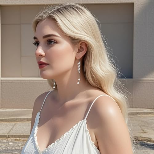 Long Pearl Dangle Earrings with Cubic Zirconia Hook Threader Earrings for Bride Bridesmaid Wedding Prom4