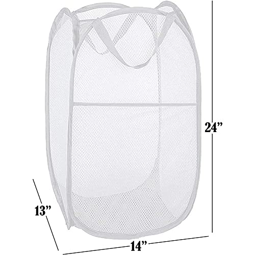 Image of BATTOO Deluxe Strong Mesh Pop up Laundry Hamper Basket with Side Pocket for Laundry Room, Bathroom, Kids Room, College Dorm or Travel White