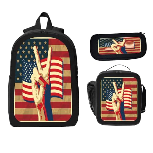 3PCS Backpack for Women Men With Lunch Box Pencil Bag 17 Inch Lightweight Adjustable Strap Back Pack 3 In 1 Set Victory Flag Usa Casual Daypack Unisex Fit Travel Work Camping