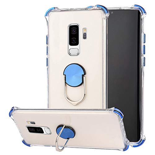 Robinsoni Case Compatible with Samsung Galaxy S9 Plus Cover Silicone TPU Case Transparent Four-corner Airbag Drop-proof Case with Ring Clear Kickstand Cover Ultra Thin Bumper Shockproof Ring Case Blue