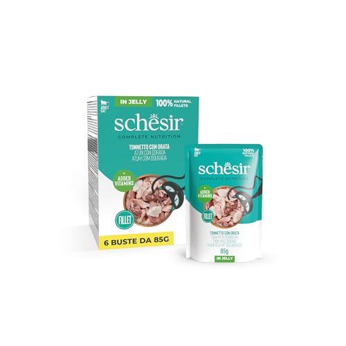 Schesir, Atún con Dorada en Gelatina, Alimento Húmedo Completo para Gatos, en sobre, Ingredientes 100% Naturales, Cruelty Free, 6 x 85g