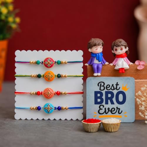 Image of eCraftIndia Set of 4 Designer Rakhi for Brother with Best Bro Ever Fridge Magnet & Cute Sibling Showpiece | Premium Beaded Rakhi Set with Roli Chawal | Raksha Bandhan Gift Combo