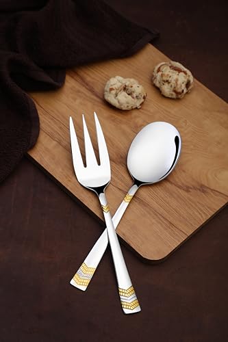 Image of FnS RAGA 24 Karat Gold Plated Stainless Steel Serving Set of 2 (1 Serving Spoon, 1 Serving Fork) for Home, Kitchen and Dinning