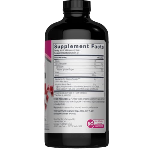 NeoCell Liquid Collagen, Skin, Hair, Nails and Joints Supplement, Includes Fruit Juice Concentrates and Green Tea Blend, Pomegranate, 16 oz., 1 Bottle