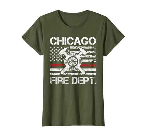 Chicago Illinois Fire Department Thin Red Line Fireman T-Shirt, Women, Olive Green, Medium