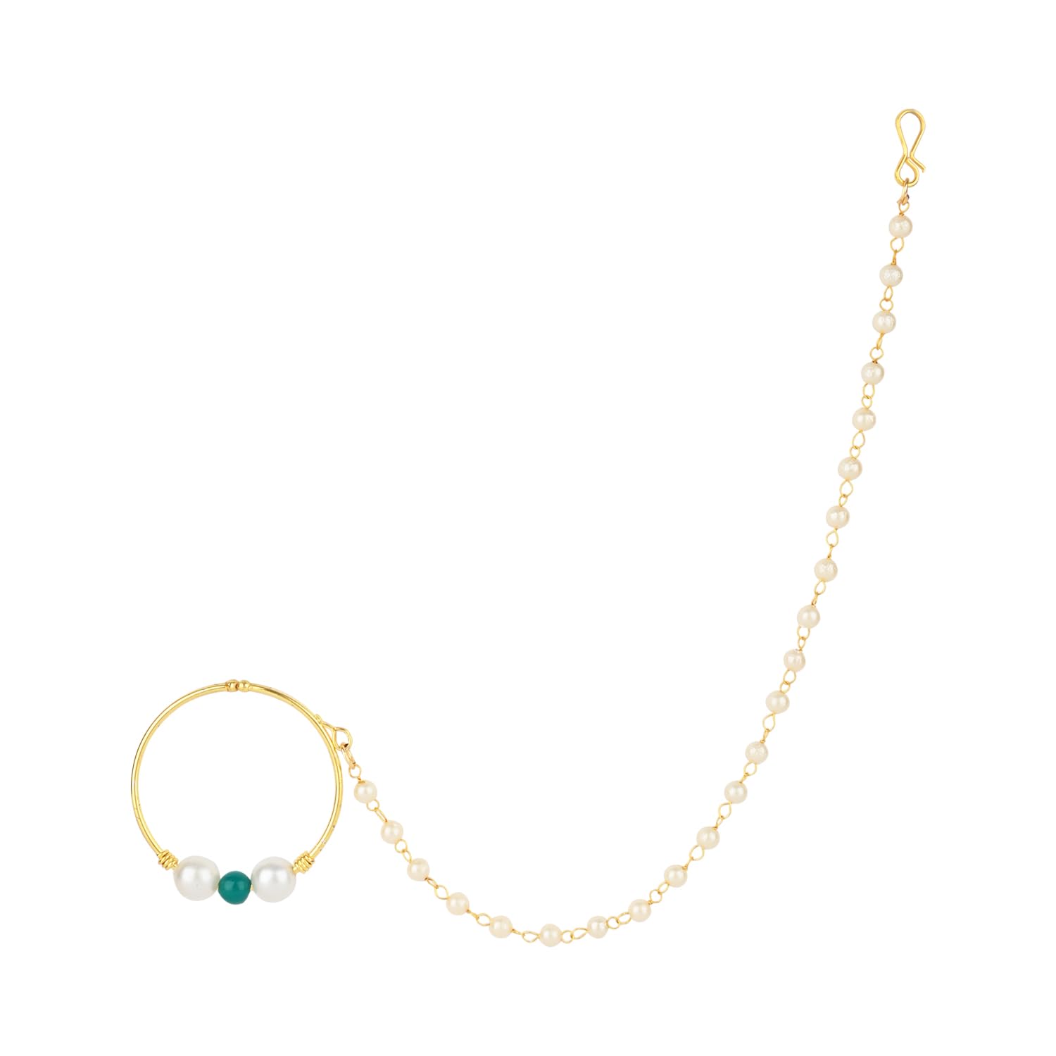 Gold Plated Ethnic Bridal Nose Ring/Nath without piercing with Single Pearl Chain For Woman