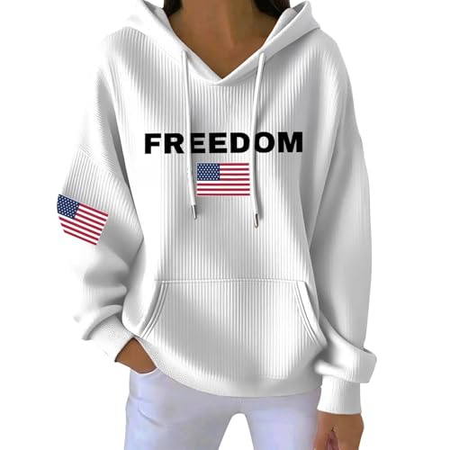 IEPOFG Charlie Kirk Sweatshirt Womens Freedom American Flag Printed Hoodie Long Sleeve Turning Point Hooded Sweatshirt A True Patriot Pullover Top White