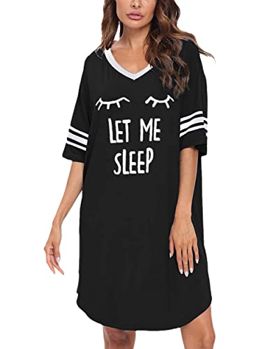 KAMONG Sleep Shirts for Women Short Sleeve Cotton Novelty Night Shirts V Neck Oversized Nightgowns Cute Printed Nightdress3