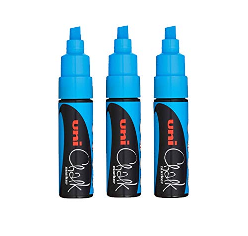 Uni Light Blue Chisel Tip Nib (8mm) Liquid Chalk Marker Pen Colour Whiteboard Blackboard Chalkboard Menu Glass Windows Wet Wipe Non Permanent (Pack Of 3) PWE-8K