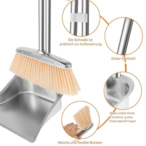 Yplkm Besen und Kehrblech Set | Edelstahl Kehrblech | Edelstahl Kehrzubehör Für Küche Wohnzimmer Schlafzimmer Badezimmer Essbereich Büro Garage Terrasse – Bild 8