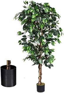 COSTWAY 4FT/6FT Artificial Ficus Tree, Outdoor Fake Ficus Plants with Plastic Pot, Lightweight & Easy to Clean, Decorative Indoor Artificial Plant for Home Office Living Room (Green, 4FT/1.2M)