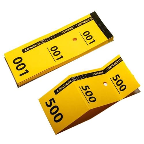 500 Tarjetas para Guardarropa | 5x14 cm | Perforadas y Troqueladas en 3 Partes | Pack de 10 Bloques de 50 | Color Amarillo