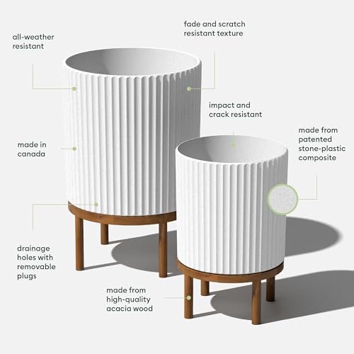 Image of Veradek Demi Series Raised Duo Planters - Set of 2 Planters with Stands | Made From a Durable Plastic-Stone Composite & Comes With Wooden Stand. Modern Porch /Patio Decor