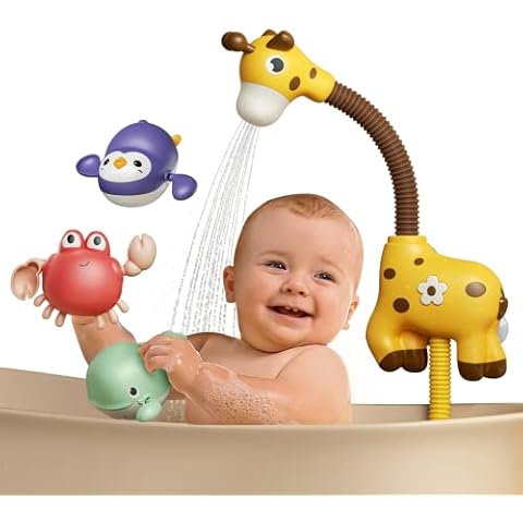 TUMAMA Baby Badespielzeug Giraffe Duschkopf und 3 Wasser Schwimmspielzeuge, Badewanne Wasserpumpe Badezeit Essentials für Kleinkinder Säuglinge Kinder Cover
