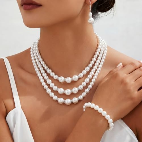 Image of Glenmal Pearl Rhinestone Jewelry Set for Women Pearl Necklace Bracelet Earrings for Wedding Halloween Bridal Shower Tea Party
