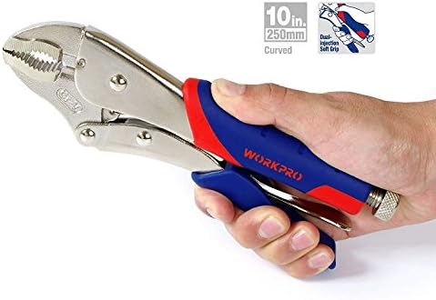 WORKPRO Locking Pliers Set, CR-V Steel Mole Grips, Quick-Release & Self-Locking with Soft Grip, 10-Inch & 7-Inch Curved Jaw, 6-1/2 Inch Straight Jaw, 3-Piece