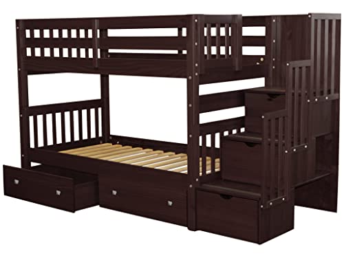 Bedz King Stairway Bunk Beds Twin Over Twin With 3 Drawers In The Steps And 2 Under Bed Drawers, Dark Cherry #TOP2