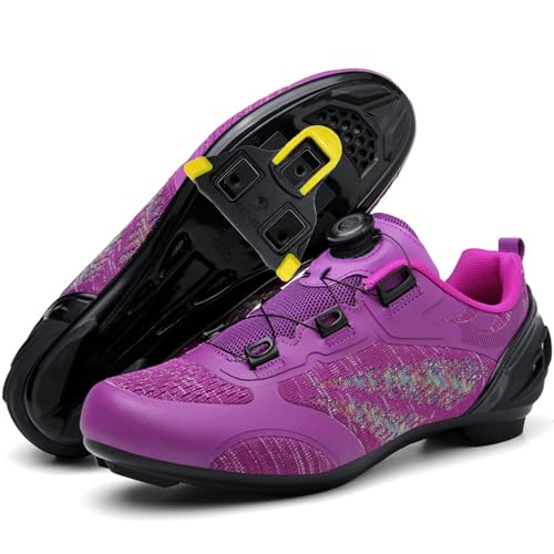 Hiuzylqx Scarpe da Ciclismo MTB da Donna compatibili con tacchette Peloton SPD Arc Look Delta, Scarpe Ginnastica per Bici Corsa, Mountain Bike e Spinning Indoor con 3 Stili di Suola,Purple b,40 EU