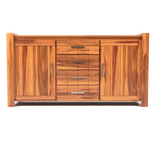 Image of Solid Sheesham Wood Wooden Sideboard Storage Cabinet & Chest of Drawer : Ideal for Living Room and Bedroom with 4 Drawers and 4-Shelf Storage (Chevalier, Honey Finish)