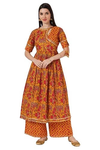 Image of COTLAND Fashions Breathable Cotton Floral Printed A-Line Kurta Set With Palazzo for Women